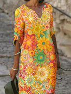Fashion Floral Print V-neck Short Sleeve Shift Dress