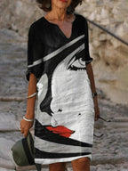 Fashion Floral Print V-neck Short Sleeve Shift Dress