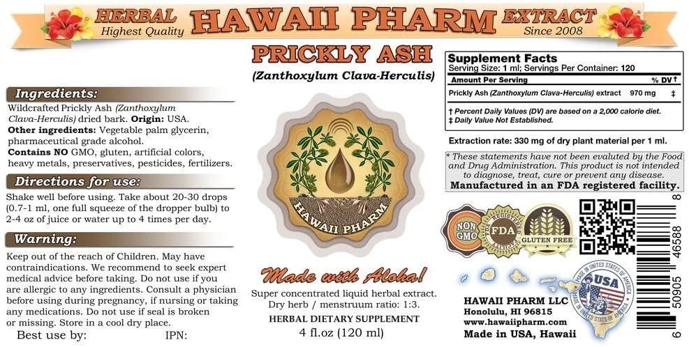 Prickly Ash (Zanthoxylum Clava-herculis) Liquid Extract, Tincture, Herbal Supplement, Hawaii Pharm, Made in USA, 15x4 fl.oz