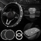 7Pcs/Set Car Decoration Kit, White Artificial Diamond Car Steering Wheel Cover, Center Console Cover Pad, Gear Shift Cover, Ignition Ring, Car Coaster
