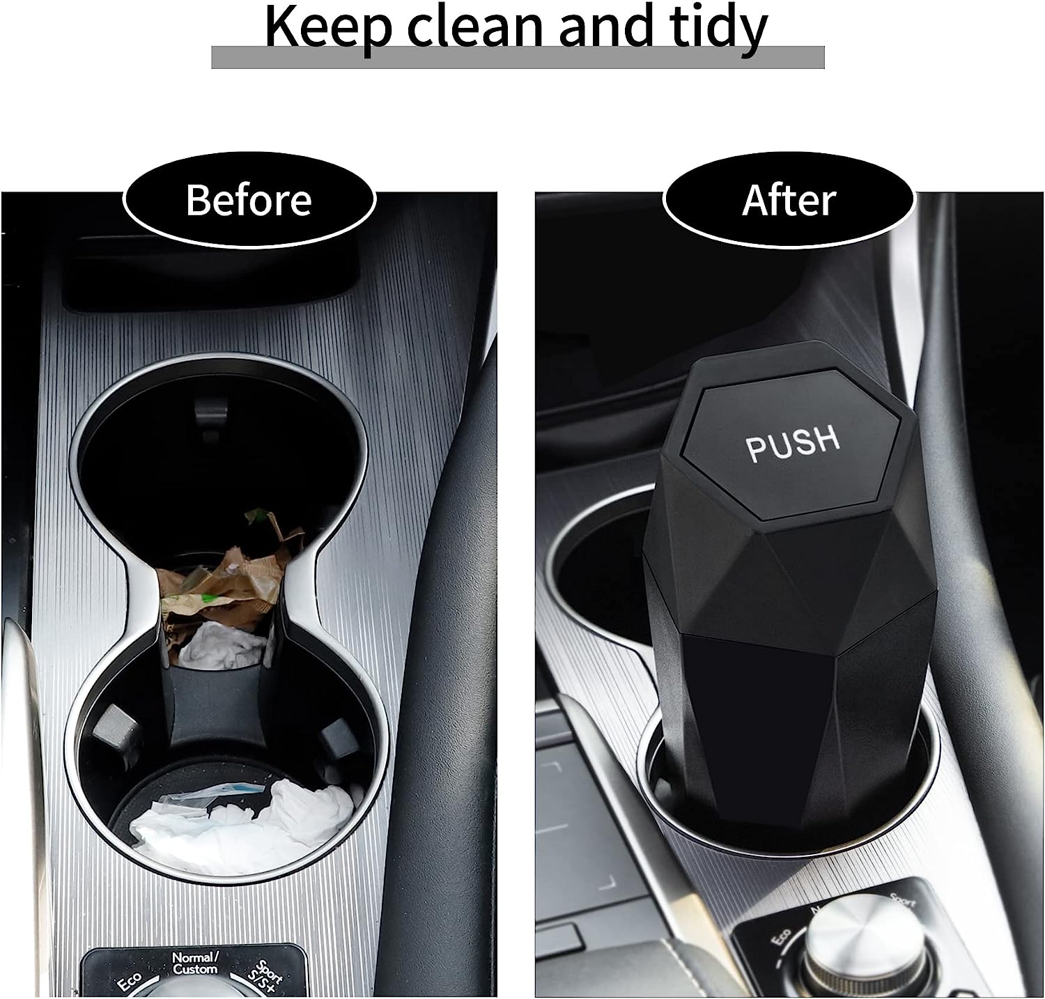 JUSTTOP Car Trash Can with Lid, Diamond  Small Automatic Portable Trash Can, Easy to Clean, Used in Car Home Office Interior Accessories, 2PCS (Black)