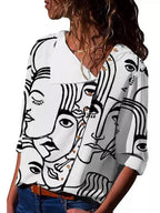 Fashion Button Lapel Abstract Print Top