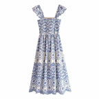 vintage ruffled long hollow embroidery dress
