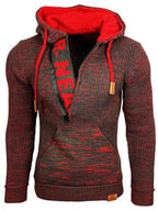 mens letter v-neck zip knit pullover casual drawstring hooded sweaters
