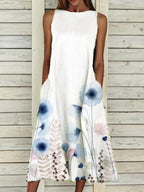 Ladies Round Neck Floral Print Casual Sleeveless Dress