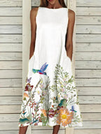 Ladies Round Neck Floral Print Casual Sleeveless Dress