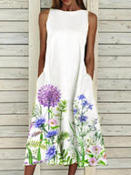 Ladies Round Neck Floral Print Casual Sleeveless Dress