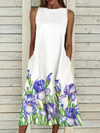 Ladies Round Neck Floral Print Casual Sleeveless Dress