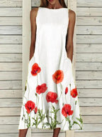 Ladies Round Neck Floral Print Casual Sleeveless Dress