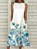 Ladies Round Neck Floral Print Casual Sleeveless Dress