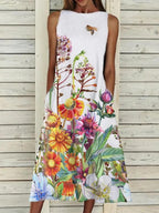 Ladies Round Neck Floral Print Casual Sleeveless Dress