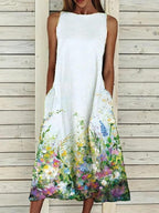 Ladies Round Neck Floral Print Casual Sleeveless Dress