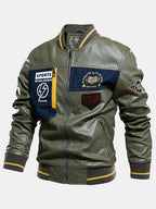 mens pu leather casual fleece lined thick varsity jacket with badges