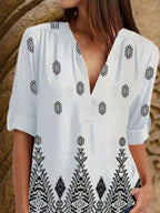 V-neck Printed Loose Long-sleeved Blouse