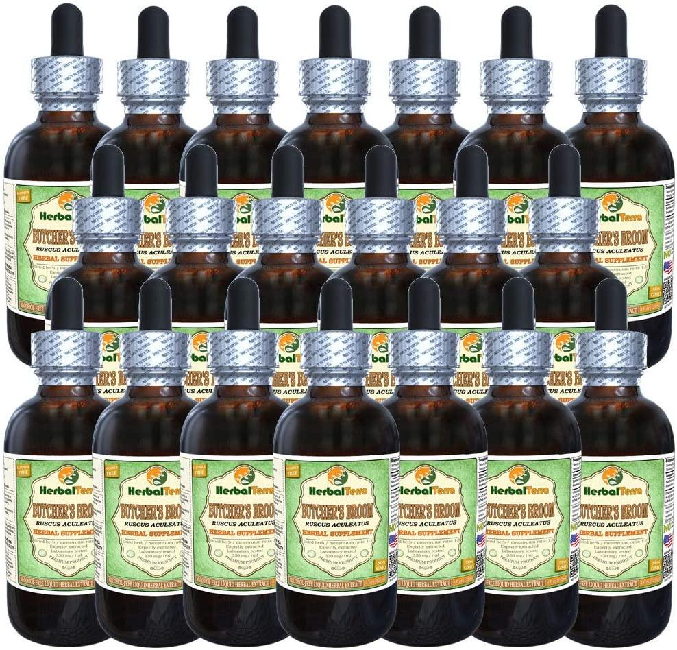 Butcher's Broom (Ruscus aculeatus) Glycerite, Organic Dried Root Alcohol-Free Liquid Extract (Brand Name: HerbalTerra, Proudly Made in USA) 20x4 fl.oz (20x120 ml)