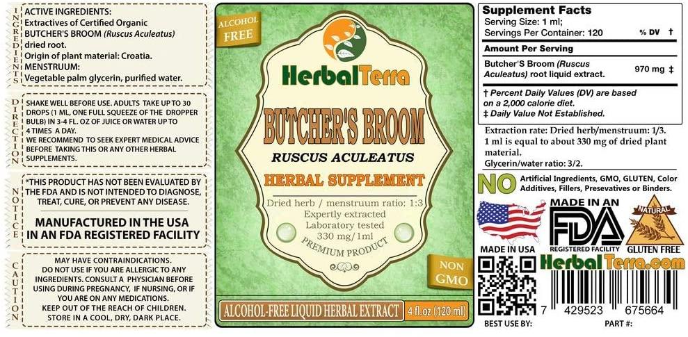 Butcher's Broom (Ruscus aculeatus) Glycerite, Organic Dried Root Alcohol-Free Liquid Extract (Brand Name: HerbalTerra, Proudly Made in USA) 20x4 fl.oz (20x120 ml)