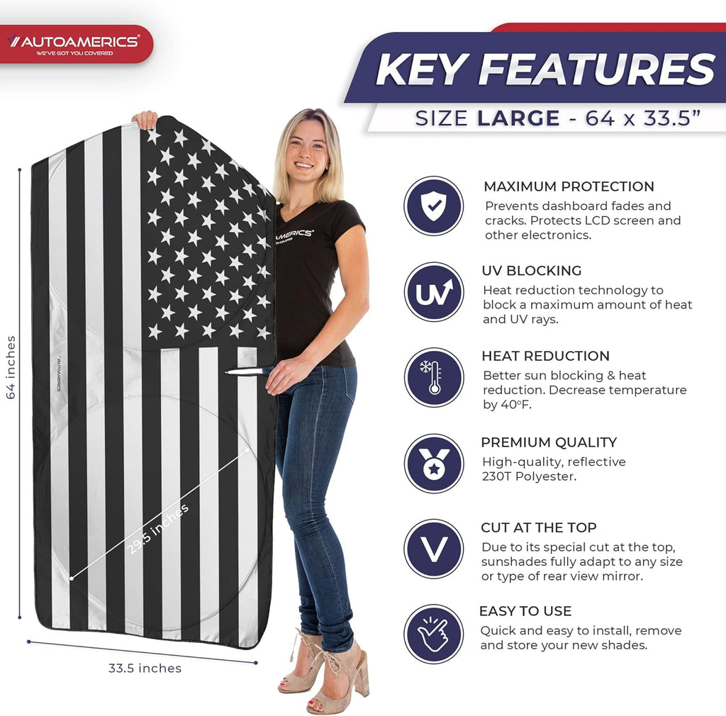 Autoamerics 1-Piece Windshield Sun Shade B&amp;W American Flag USA Patriotic  - Foldable Car Fits Easily to SUV &amp; Truck vehicles UV Ray Blocker Keeps Your Vehicle Cool Large