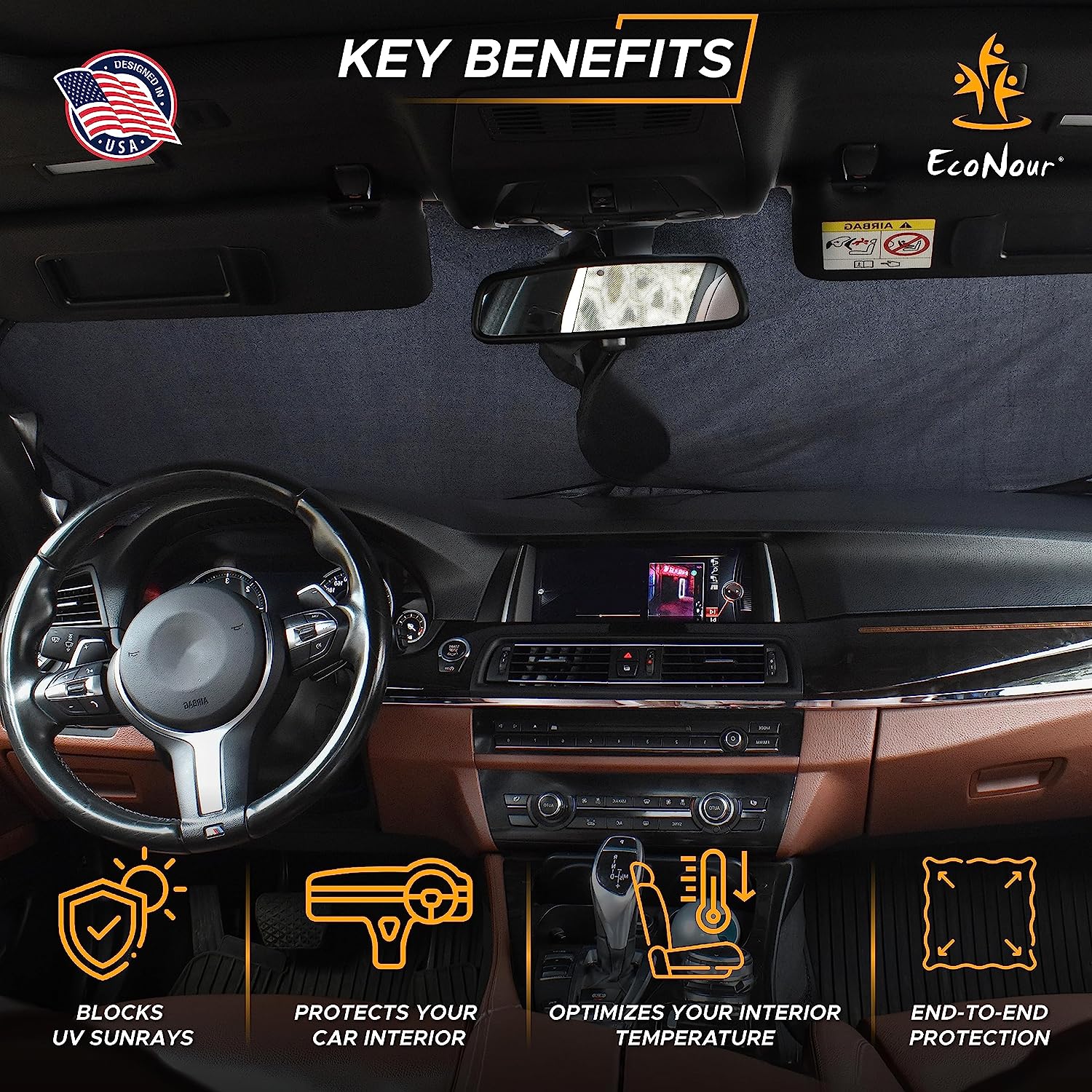 EcoNour Car Windshield Sun Shade | Reflector Sunshade Offers Ultimate Protection for Car Interior | Cool Car Reflective Sun Blocker Fits Most Sedans, Mini SUVs, &amp; Hatchbacks
