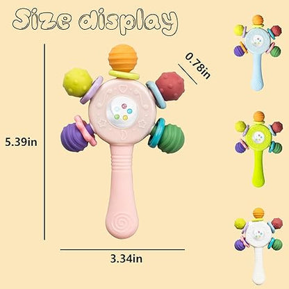 2PCS Baby Sensory Teething Toys-Rattle Stick,Food Grade BPA Free Chew Toy,Grip Strengthening Handle for Hearing Teeth Development,Infant Learning Toys for Aged 0-36 Months (Pink+Blue)