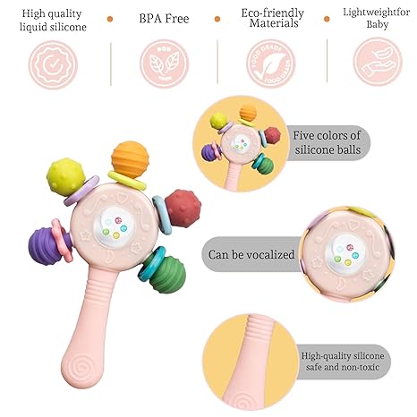 2PCS Baby Sensory Teething Toys-Rattle Stick,Food Grade BPA Free Chew Toy,Grip Strengthening Handle for Hearing Teeth Development,Infant Learning Toys for Aged 0-36 Months (Pink+Blue)