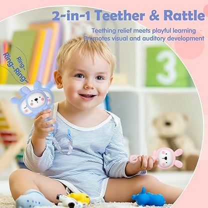 2 Pcs Teething Toys for Baby, Silicone Bunny Teether Toy for Teething Relief, Baby Chew Toys Sore Gums, Teethers 0-6 Months Gift
