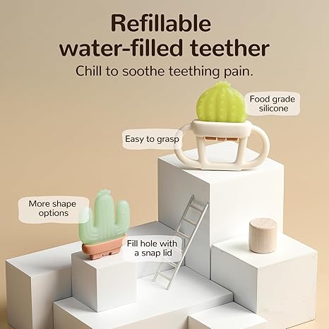 2 Pcs Baby Teether Toy - Water Fillable Teething Relief for Infants 0-12 Months, Silicone Baby Teething Toys Chill Teether, Cools & Massages Sore Gums (Green Cactus)