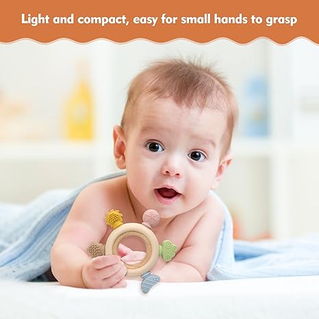 2 Pack Baby Teething Toys for 0-6 & 6-12 Month Infants, Silicone Baby Chew Toys with Wooden Ring Toy (for Newborn Boys & Girls), Ideal for Relieving Teething Discomfort & Soothing Fussy Moods