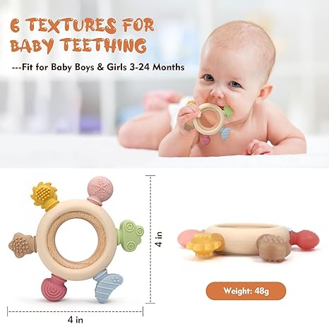 2 Pack Baby Teething Toys for 0-6 & 6-12 Month Infants, Silicone Baby Chew Toys with Wooden Ring Toy (for Newborn Boys & Girls), Ideal for Relieving Teething Discomfort & Soothing Fussy Moods