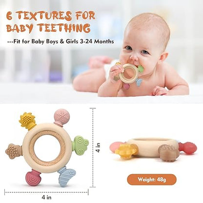 2 Pack Baby Teething Toys for 0-6 & 6-12 Month Infants, Silicone Baby Chew Toys with Wooden Ring Toy (for Newborn Boys & Girls), Ideal for Relieving Teething Discomfort & Soothing Fussy Moods