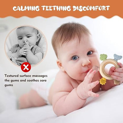 2 Pack Baby Teething Toys for 0-6 & 6-12 Month Infants, Silicone Baby Chew Toys with Wooden Ring Toy (for Newborn Boys & Girls), Ideal for Relieving Teething Discomfort & Soothing Fussy Moods
