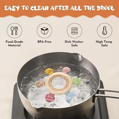 2 Pack Baby Teething Toys for 0-6 & 6-12 Month Infants, Silicone Baby Chew Toys with Wooden Ring Toy (for Newborn Boys & Girls), Ideal for Relieving Teething Discomfort & Soothing Fussy Moods