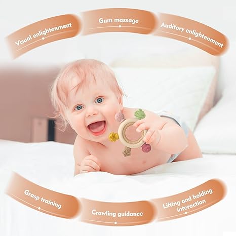 2 Pack Baby Teething Toys for 0-6 & 6-12 Month Infants, Silicone Baby Chew Toys with Wooden Ring Toy (for Newborn Boys & Girls), Ideal for Relieving Teething Discomfort & Soothing Fussy Moods