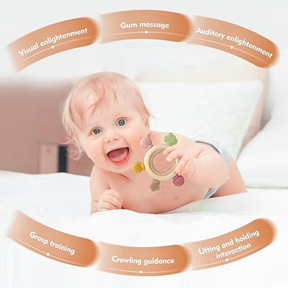 2 Pack Baby Teething Toys for 0-6 & 6-12 Month Infants, Silicone Baby Chew Toys with Wooden Ring Toy (for Newborn Boys & Girls), Ideal for Relieving Teething Discomfort & Soothing Fussy Moods
